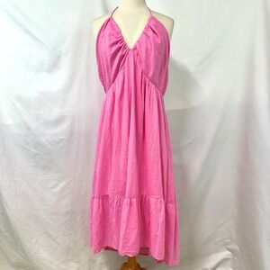 GAP 100% Cotton Pink Halter V-Neck Tiered Midi Sun Dress Women's XL Summer Beach